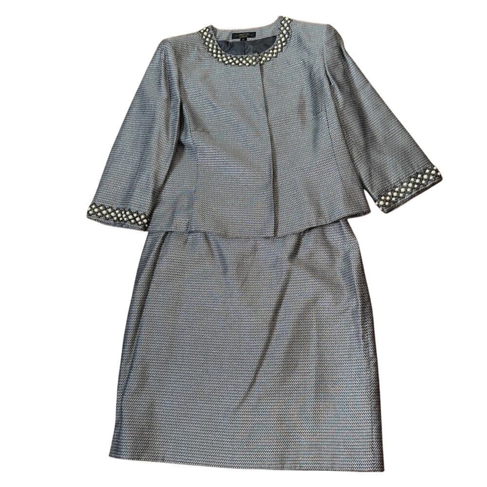 Tahari Luxe Pearl Beaded Skirt Suit Set Gray Silver Size 16